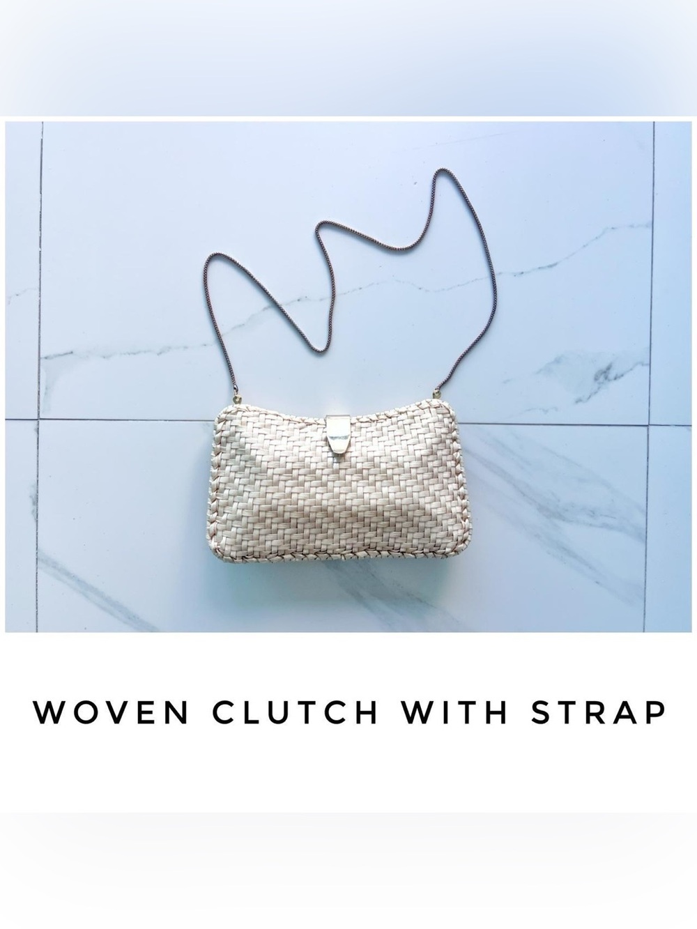 Cream clutch with strap woven chain